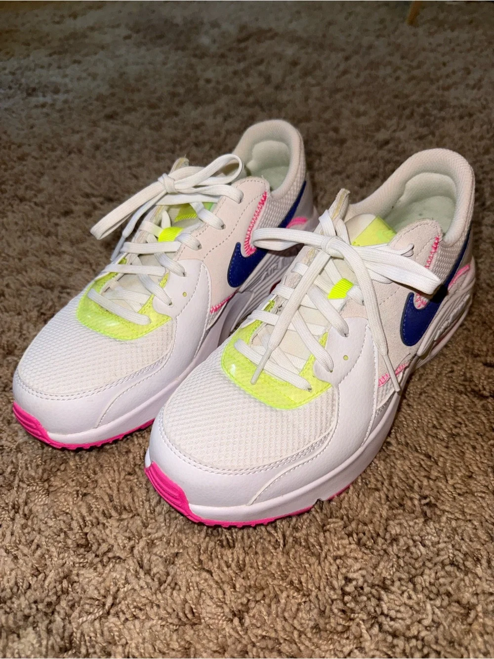 Nike Women's White Sneakers with Neon Yellow, Pink & Navy Accents